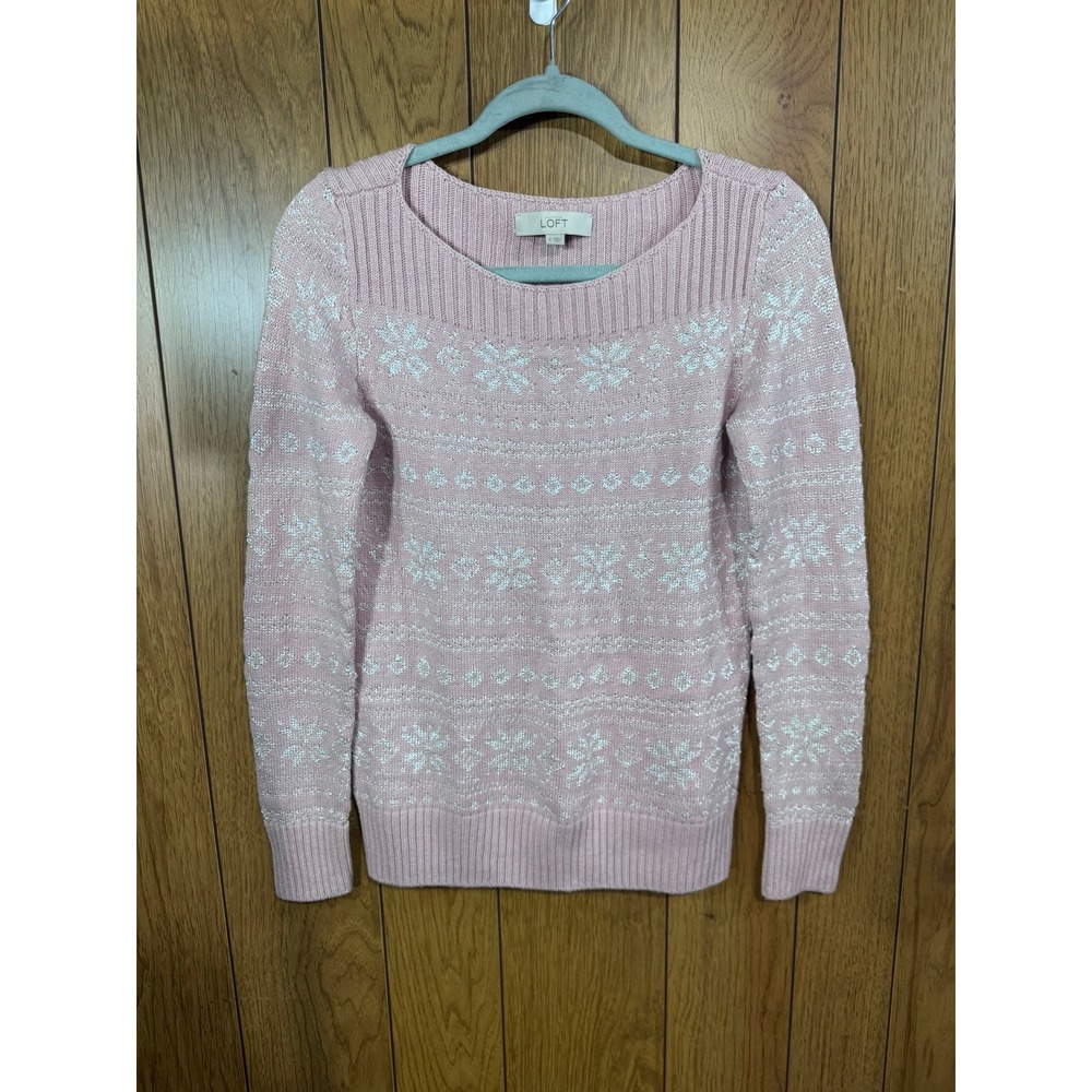 Ann Taylor LOFT Pink Metallic Silver Fair Isle Snowflake Sweater Womens Small